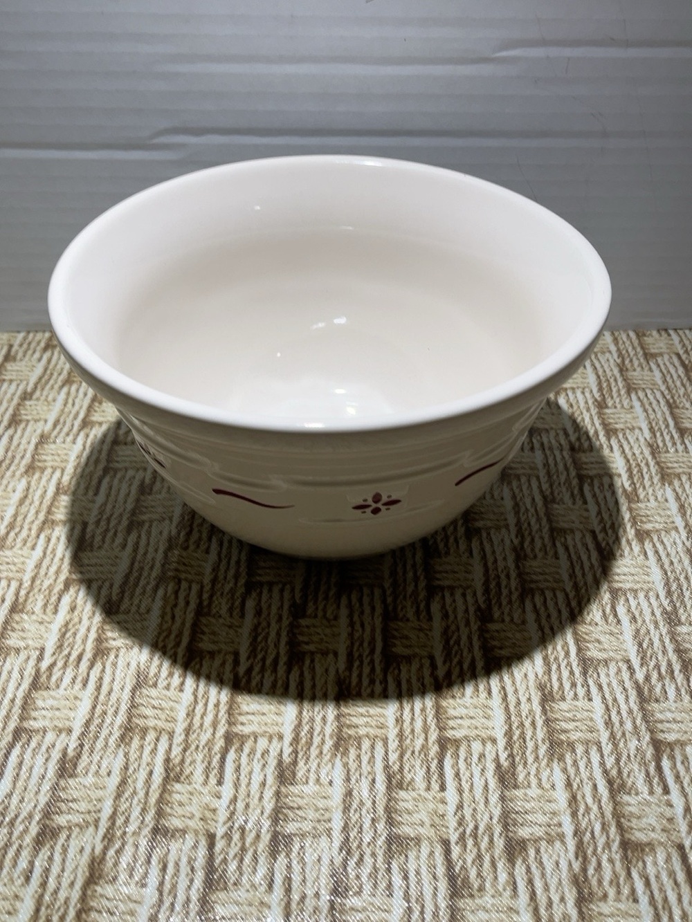 Longaberger Cream Ceramic Serving Bowl with Maroon Accents